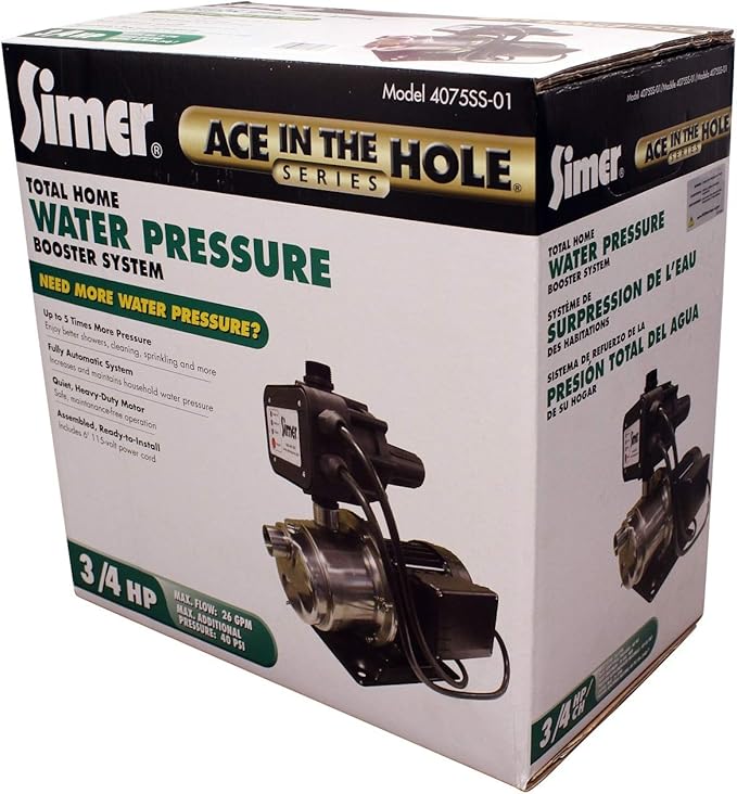 Simer 3/4 HP stainless steel booster pump with black motor and brass housing in retail packaging.