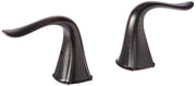 Pair of curved metal lever handles in dark bronze finish with tapered bases.