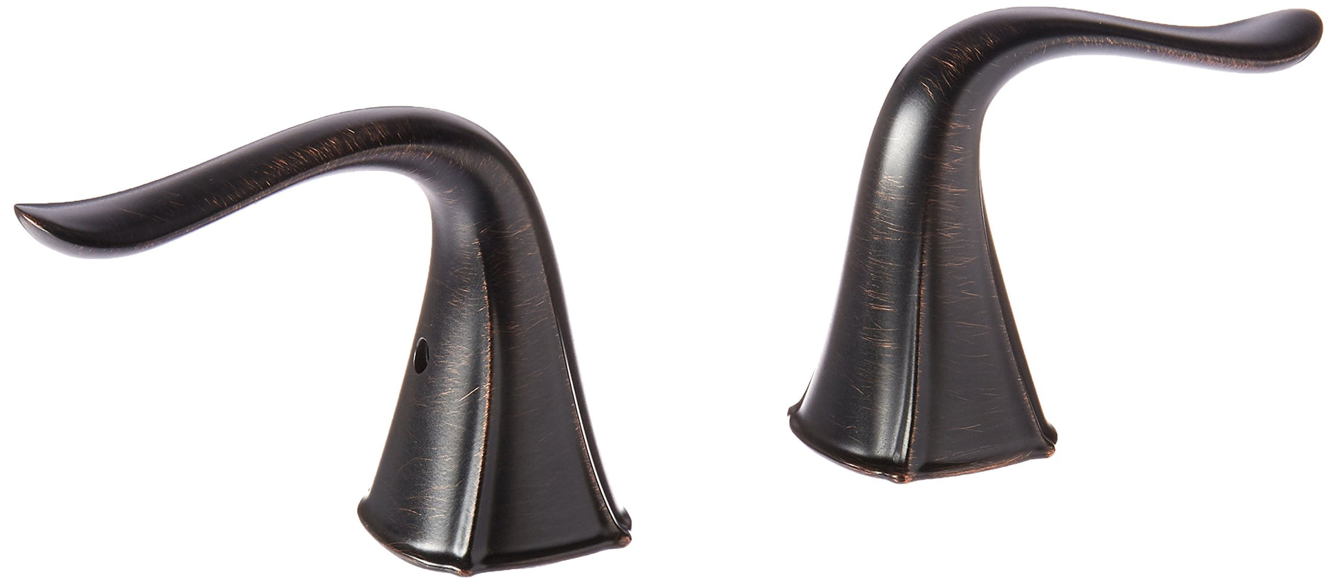Pair of curved metal lever handles in dark bronze finish with tapered bases.
