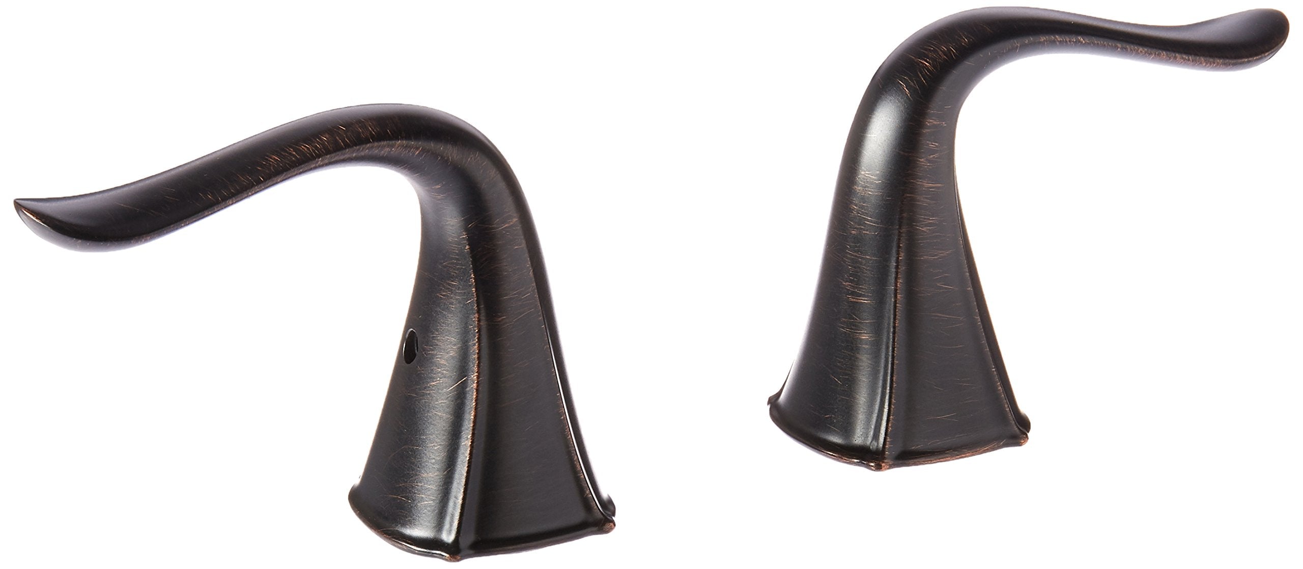 Pair of curved metal lever handles in dark bronze finish with tapered bases.