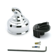 Chrome faucet handle hub with black plastic insert, mounting screws, and hex wrench included.