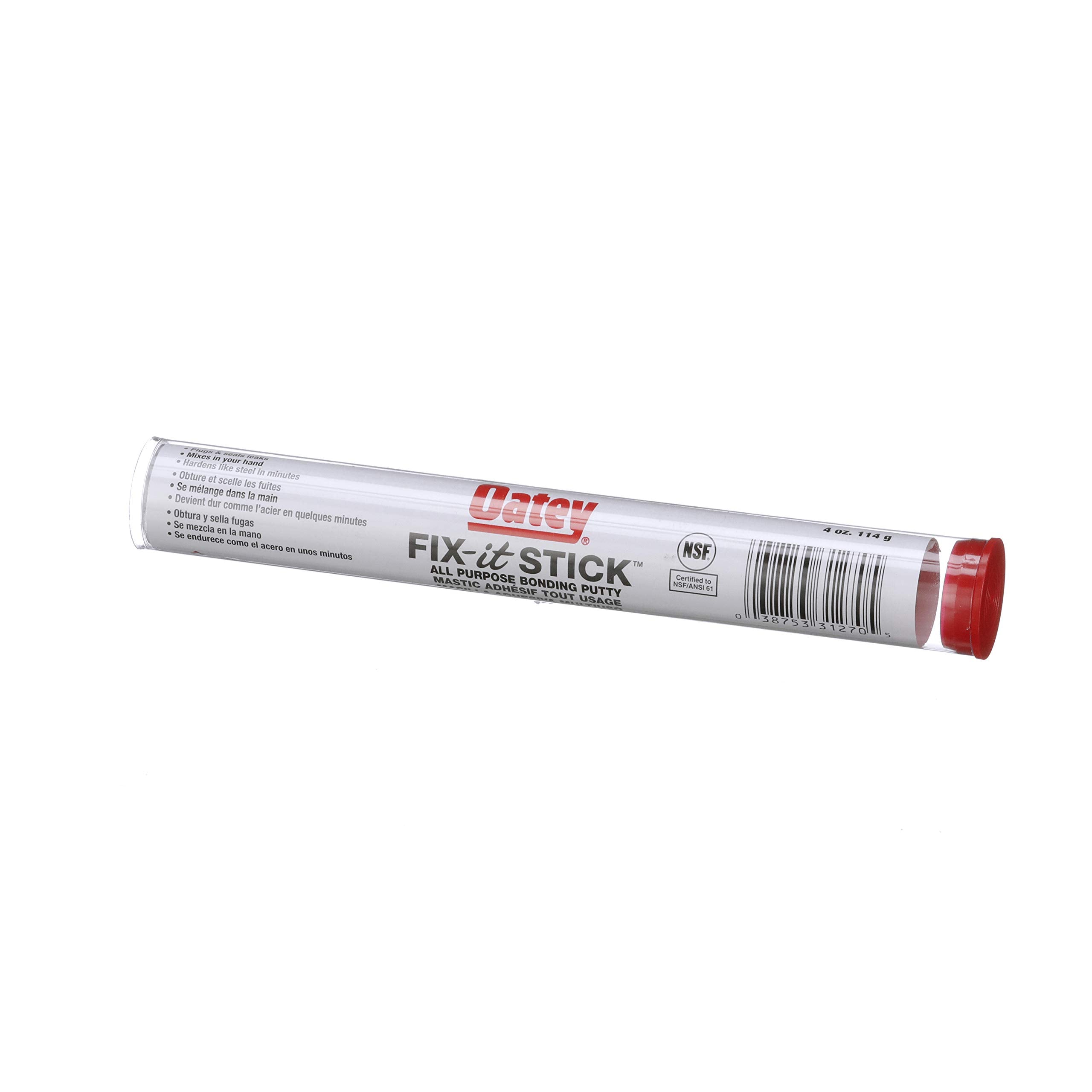 Gray epoxy repair putty tube with red cap and Oatey FIX-it-STICK label.