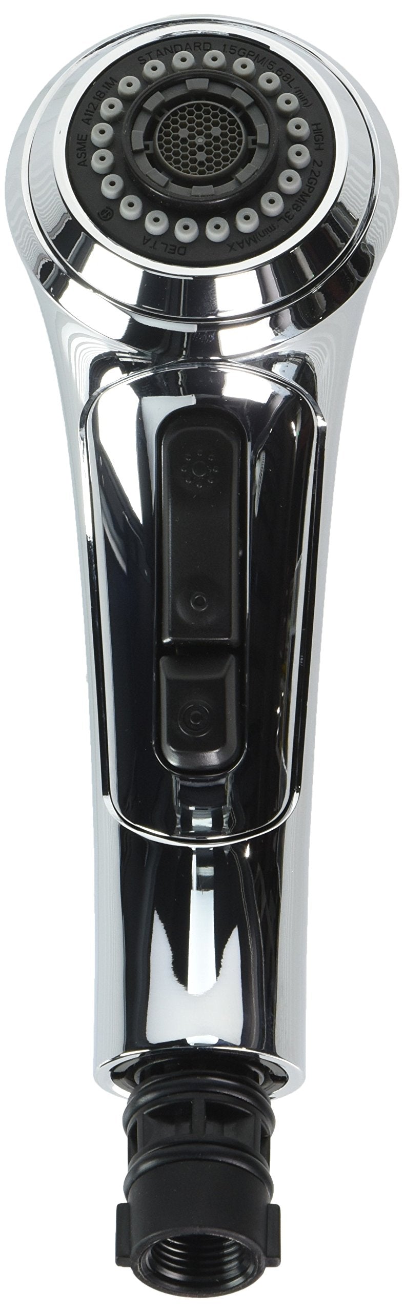 Chrome and black pull-out faucet wand assembly with multi-spray showerhead and control buttons.