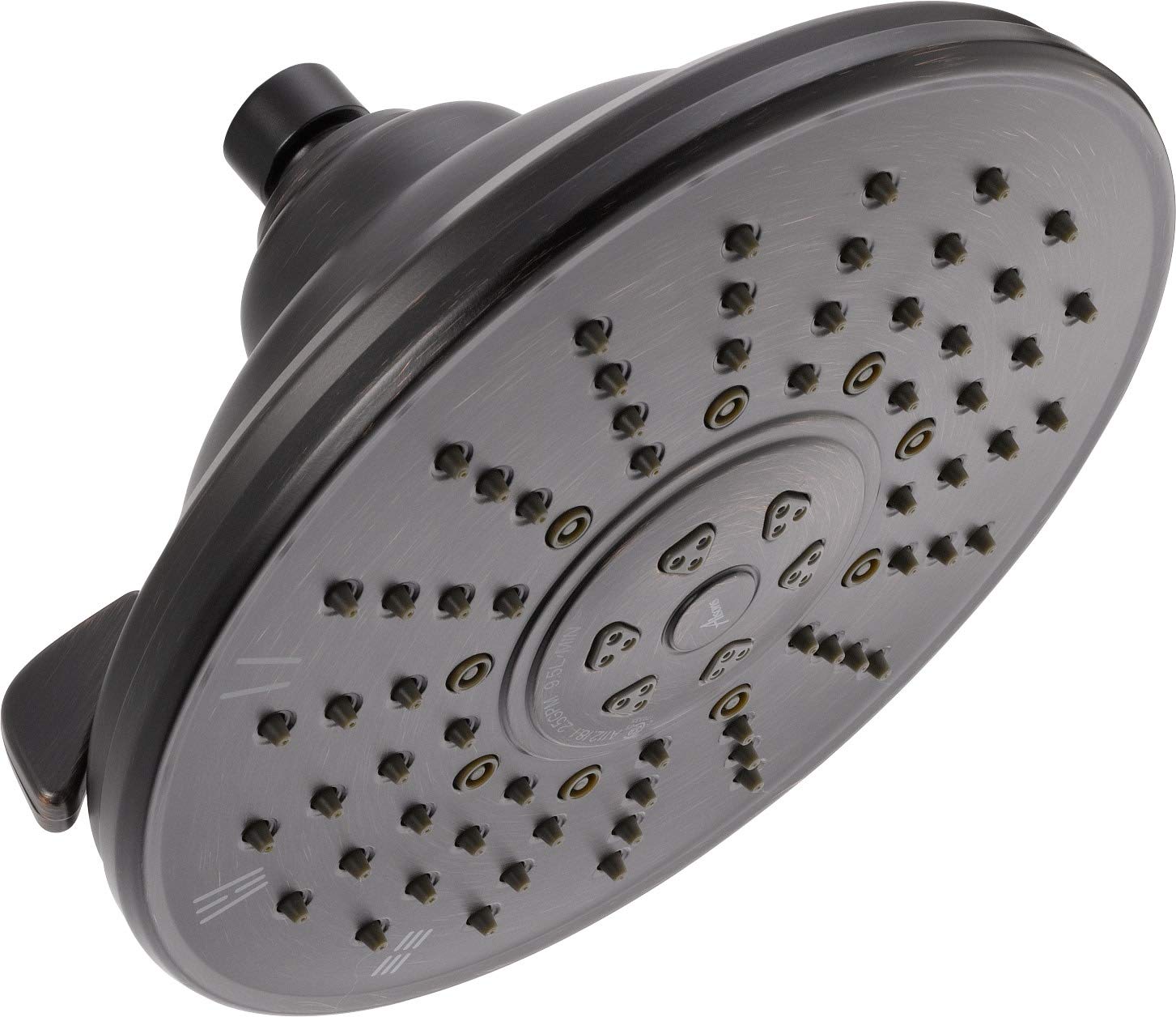 Chrome raincan shower head with multiple spray holes and adjustment dial, mounted at angle against white background.
