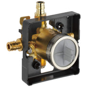 Brass pressure balance valve with black mounting bracket, inlet/outlet ports, and transparent cartridge cover.