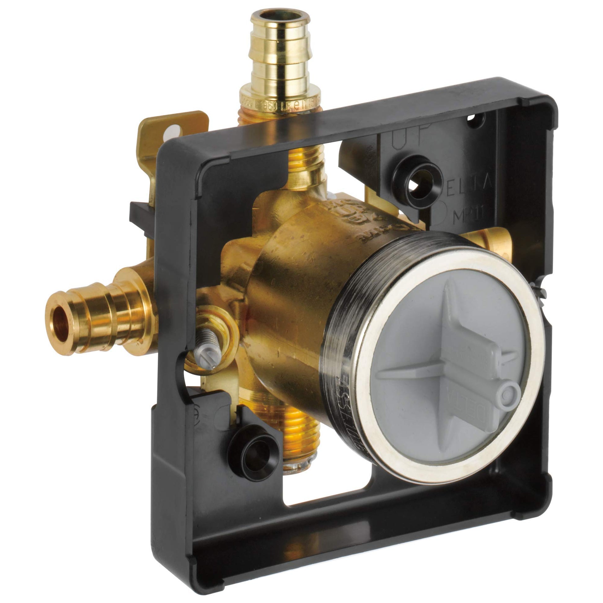 Brass pressure balance valve with black mounting bracket, inlet/outlet ports, and transparent cartridge cover.