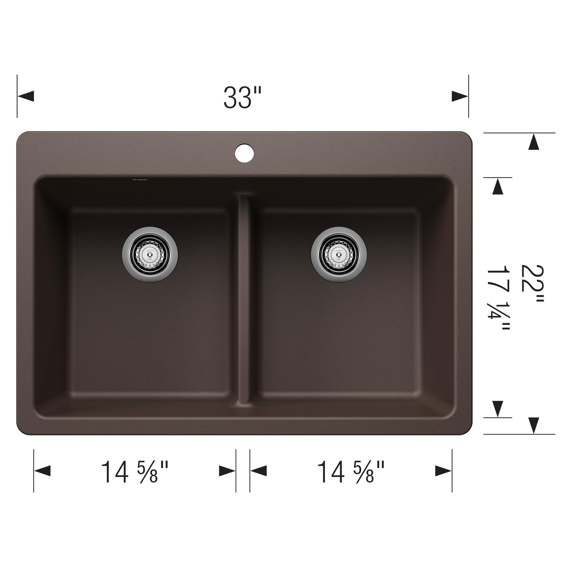 Cafe-colored double bowl drop-in sink with low divider, 33" wide, featuring two equal compartments with drain baskets.