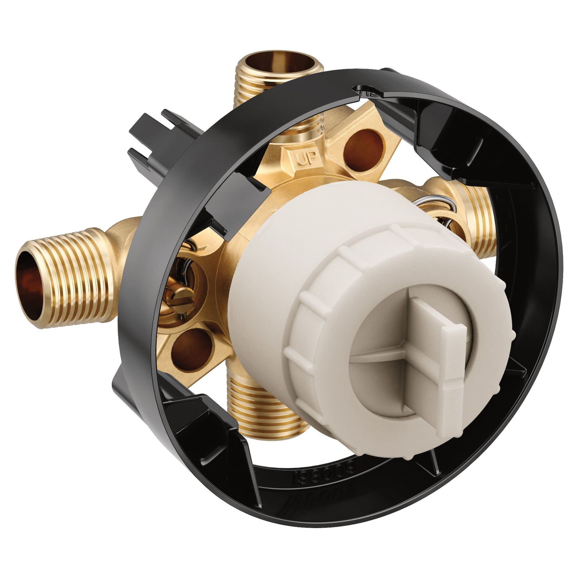 Brass 4-port rough-in valve with white cartridge, threaded connections, and black trim ring mounted in circular housing.
