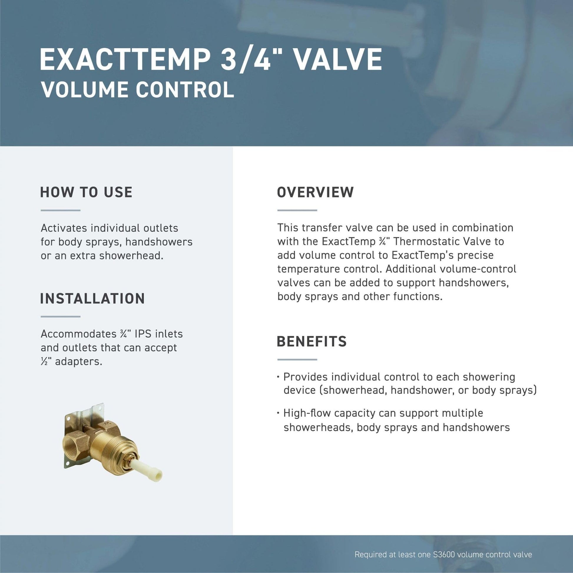 Brushed nickel volume control valve trim kit with brass internal components and connector ports.