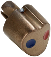 Champagne bronze finish set screw cover with red and blue indicator dots and small metal screw detail.