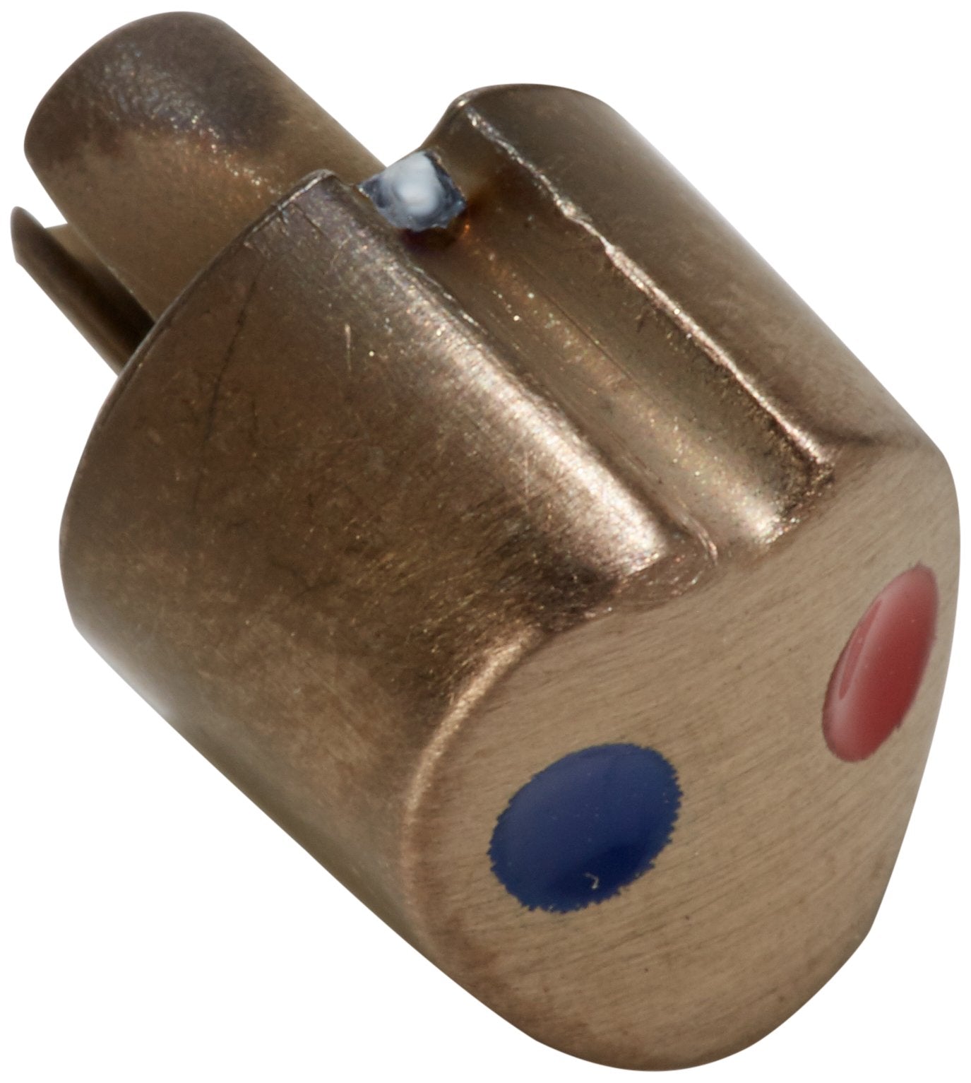 Champagne bronze finish set screw cover with red and blue indicator dots and small metal screw detail.