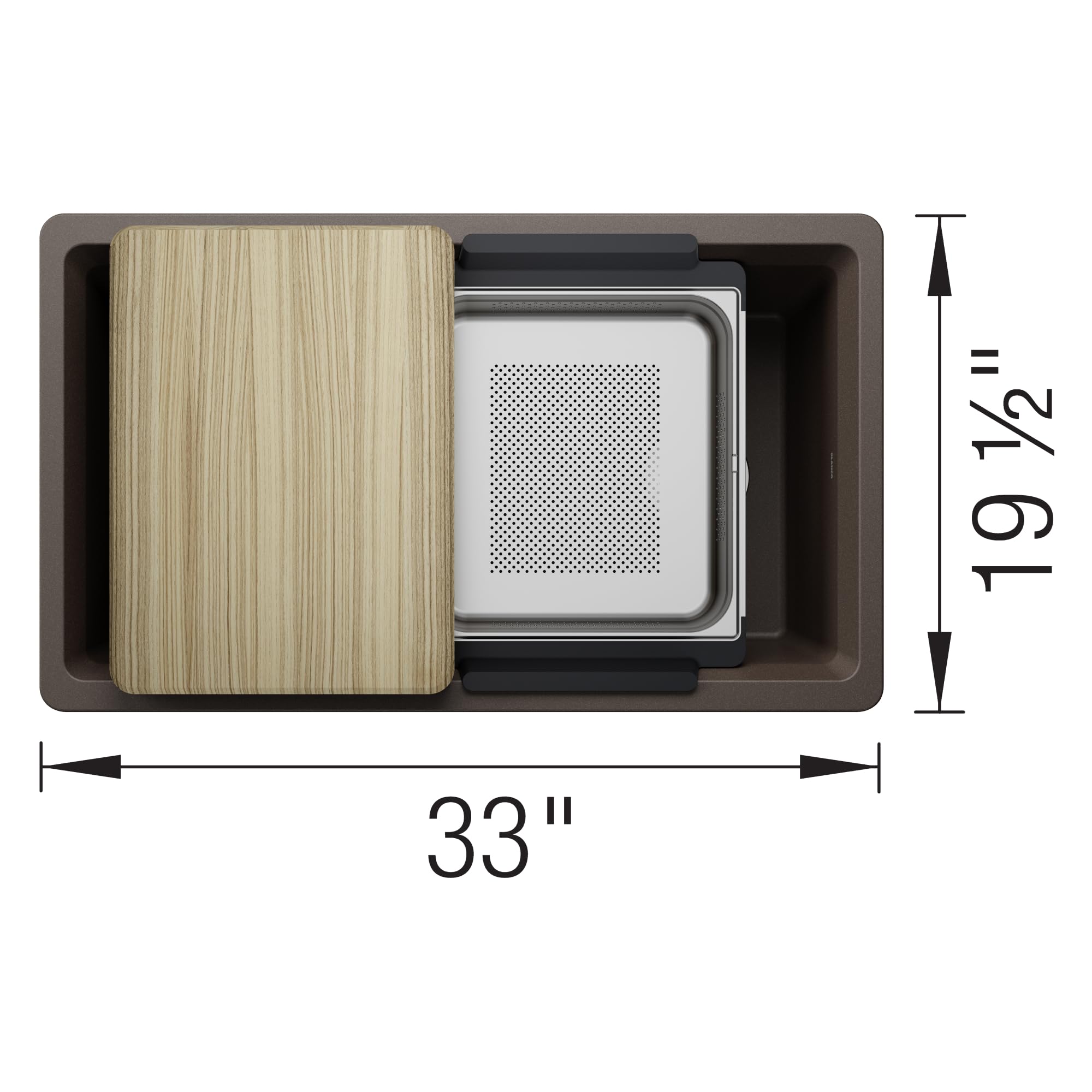 Cafe-colored undermount kitchen sink with wooden cutting board and perforated colander insert, 33 inches wide.