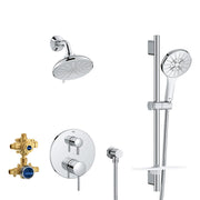 Chrome pressure balance shower set with overhead and handheld showerheads, valve controls, and brass diverter body.