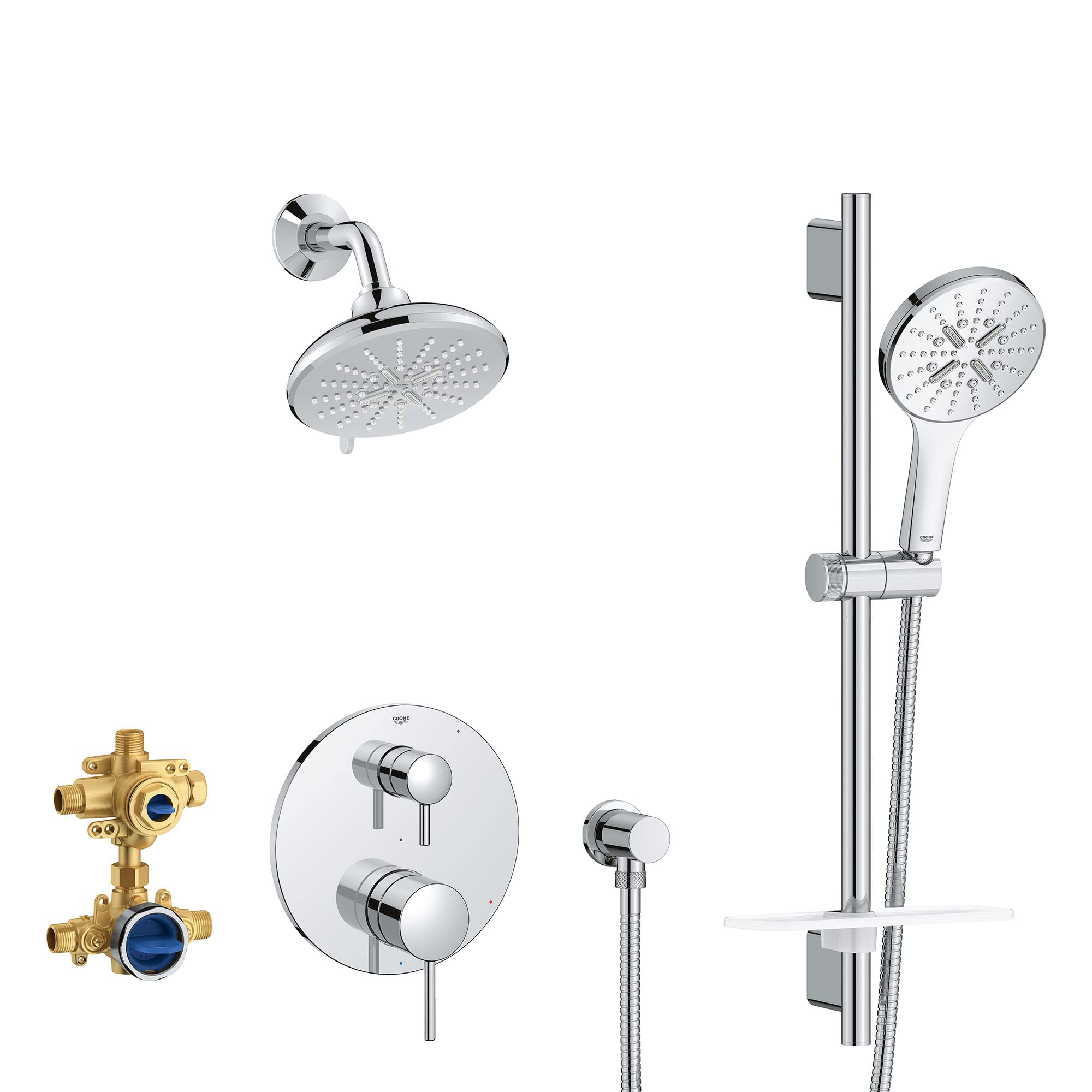 Chrome pressure balance shower set with overhead and handheld showerheads, valve controls, and brass diverter body.