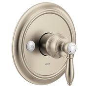 Brushed nickel shower valve trim with oval escutcheon plate, single lever handle, and chrome accent ring.