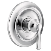 Chrome single-handle valve trim kit with curved lever handle and circular escutcheon plate.