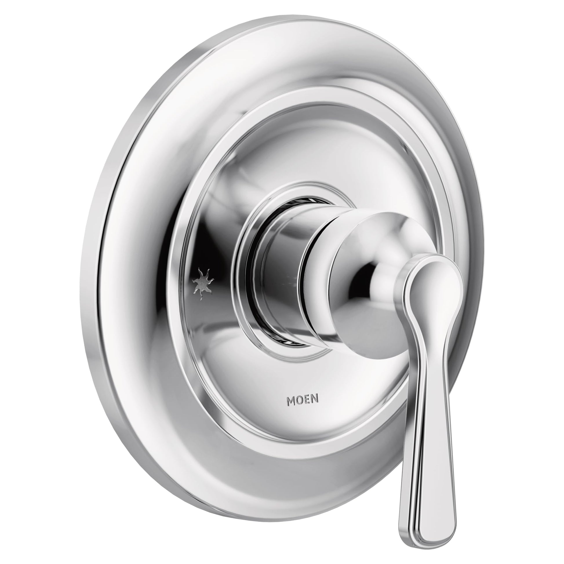 Chrome single-handle valve trim kit with curved lever handle and circular escutcheon plate.