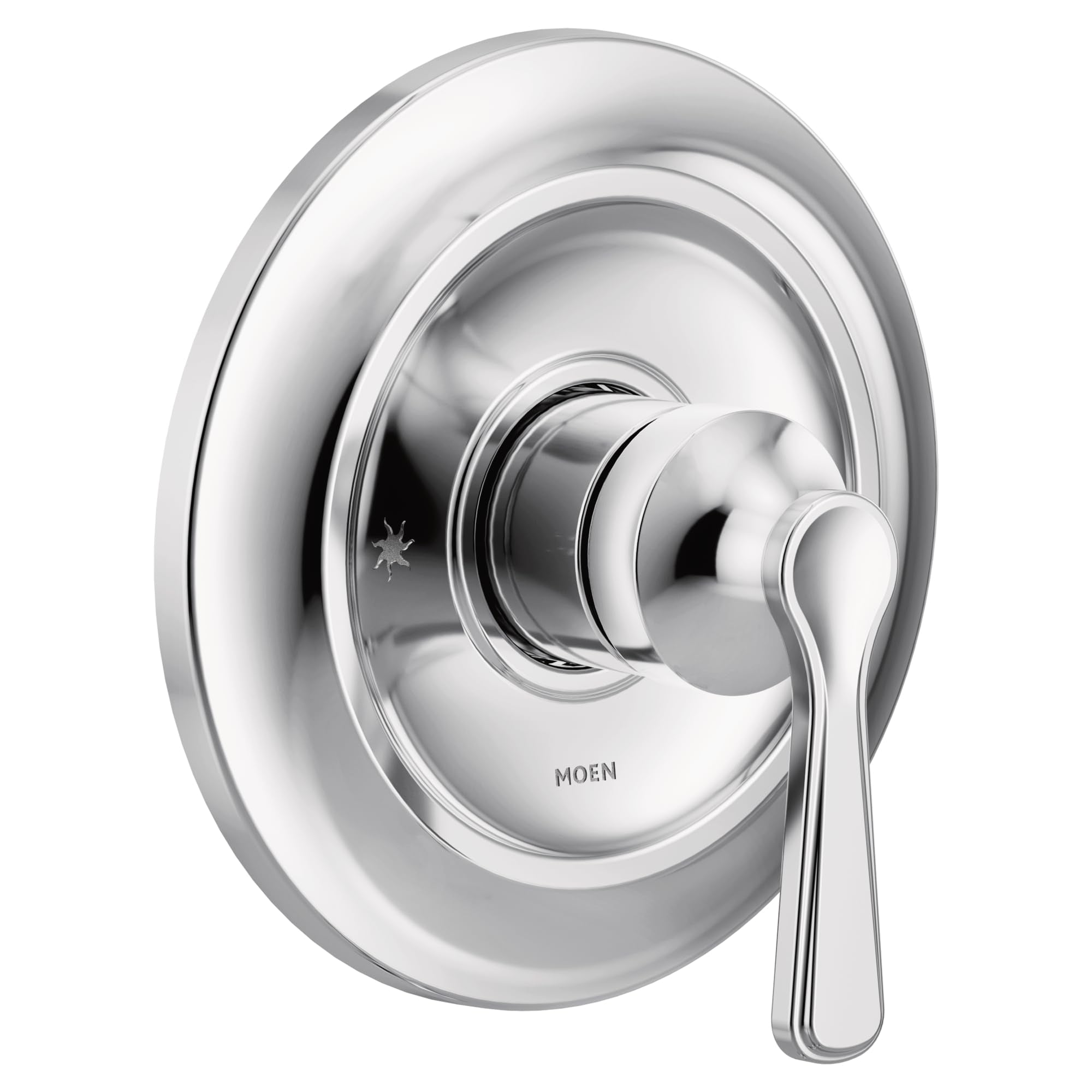 Chrome single-handle valve trim kit with curved lever handle and circular escutcheon plate.