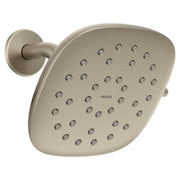 Brushed nickel square rain shower head with multiple spray holes mounted on round wall bracket.