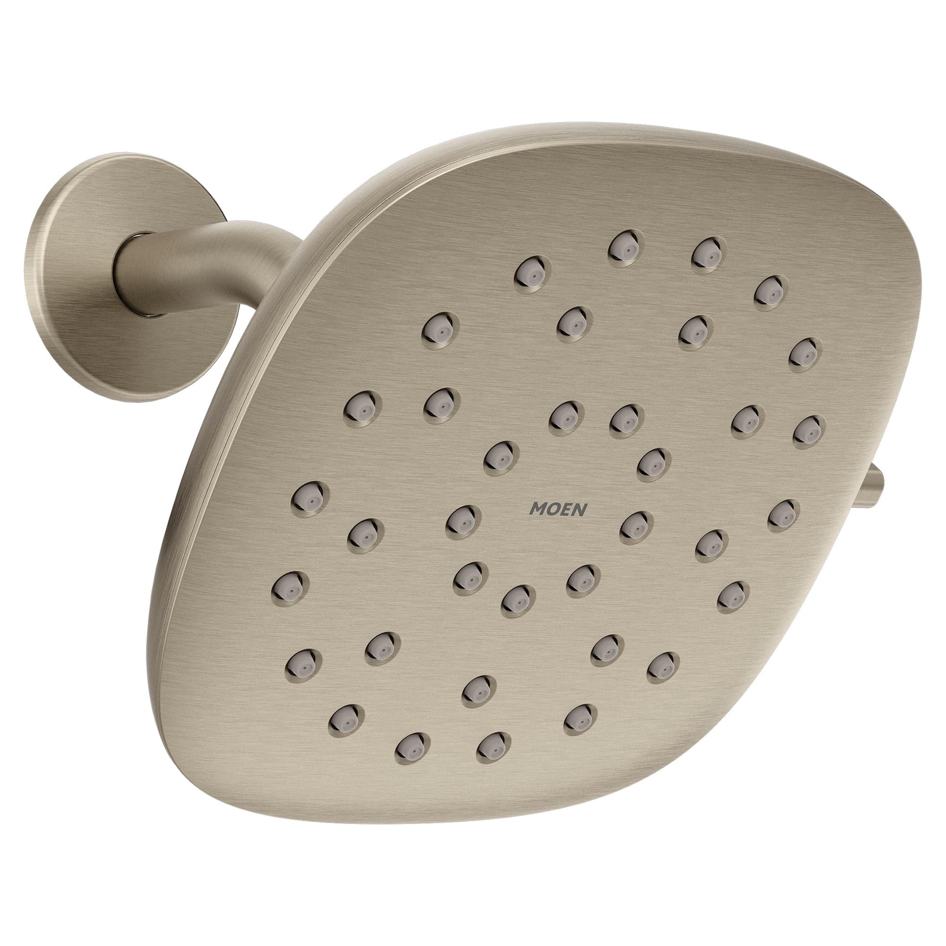 Square brushed nickel rain shower head with multiple spray jets and circular mounting arm.
