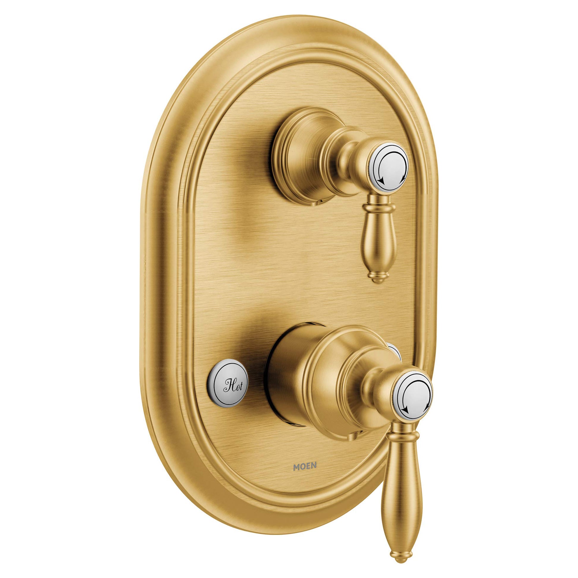 Brushed gold oval shower trim with two lever handles and integrated transfer valve.