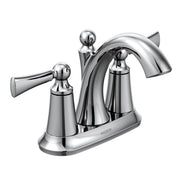 Chrome bathroom faucet with two lever handles, curved spout, and ball knob accents on a rectangular base.