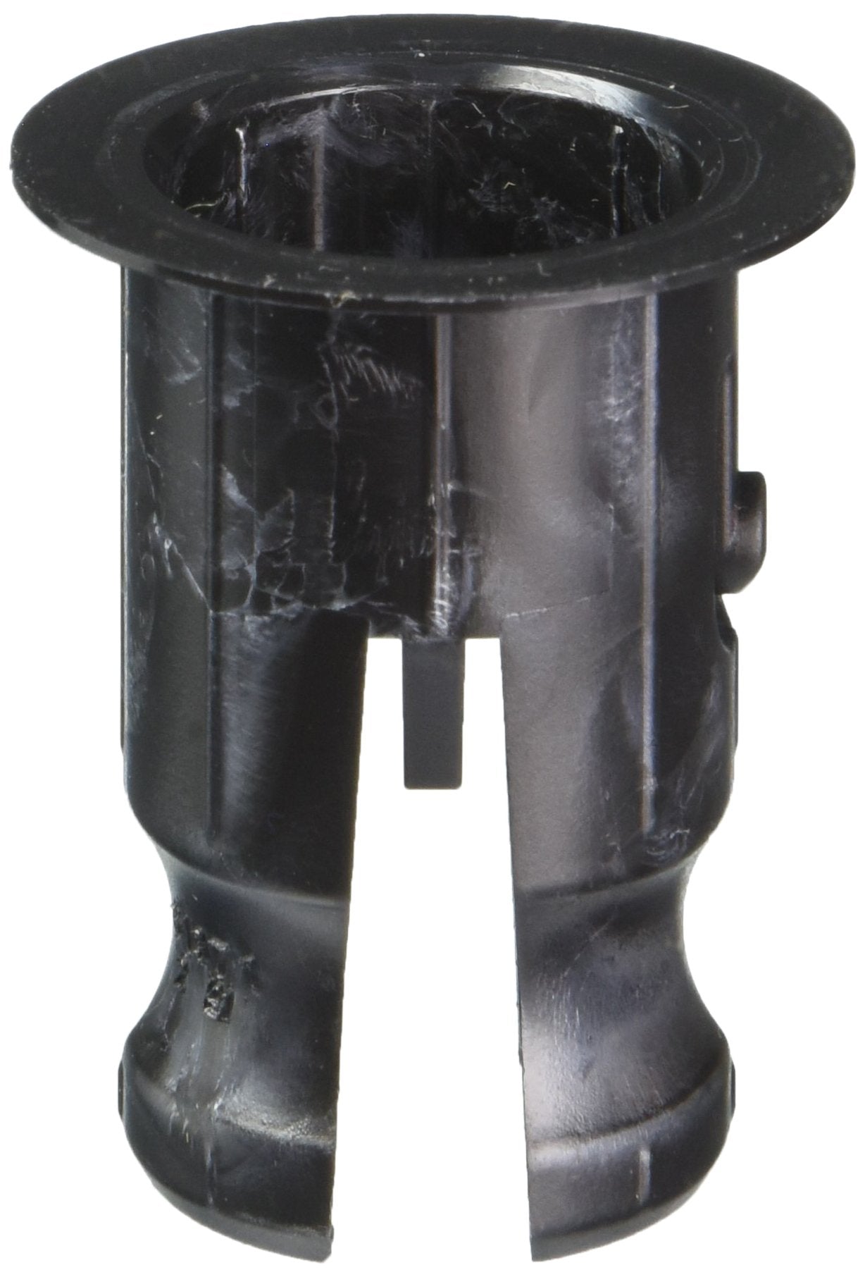 Black plastic friction ring with wide flat top rim and cylindrical body featuring internal slots and side openings.