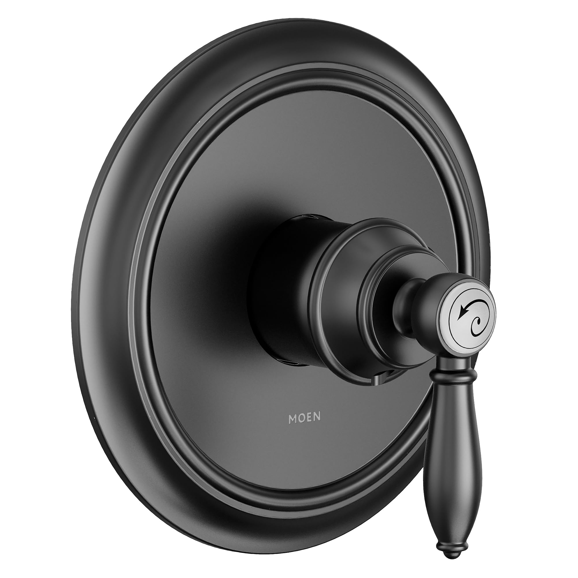 Moen Weymouth shower trim with matte black circular escutcheon plate and single lever handle with decorative cap.