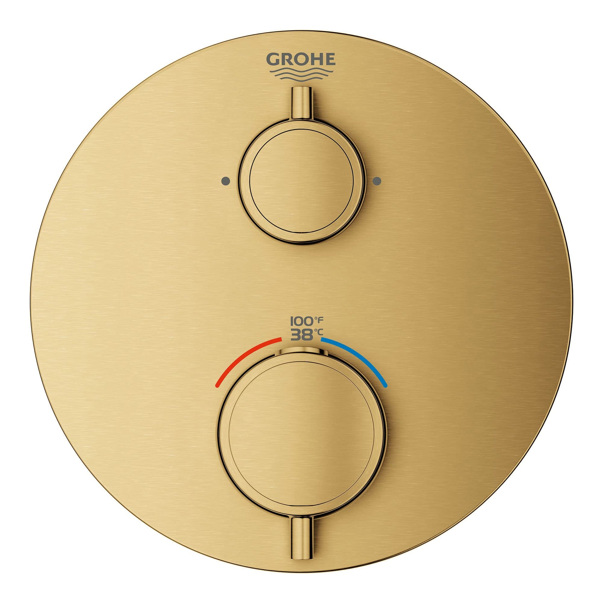 Grohe Grohtherm dual function thermostatic valve trim in brushed gold finish with two circular handles and temperature indica