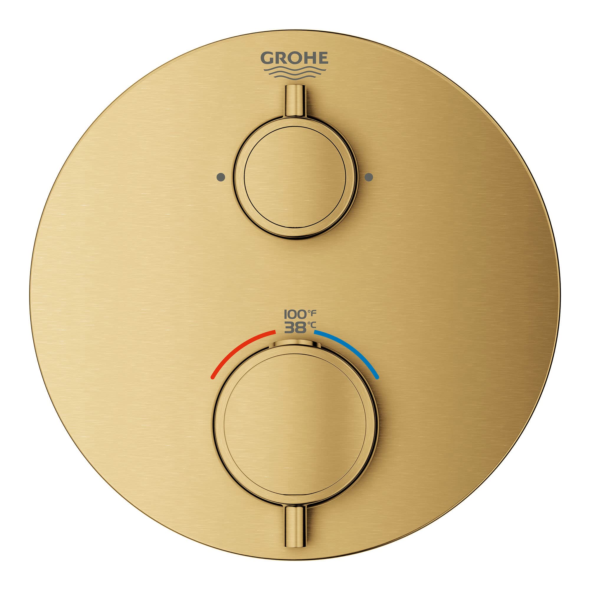Grohe Grohtherm dual function thermostatic valve trim in brushed gold finish with two circular handles and temperature indica