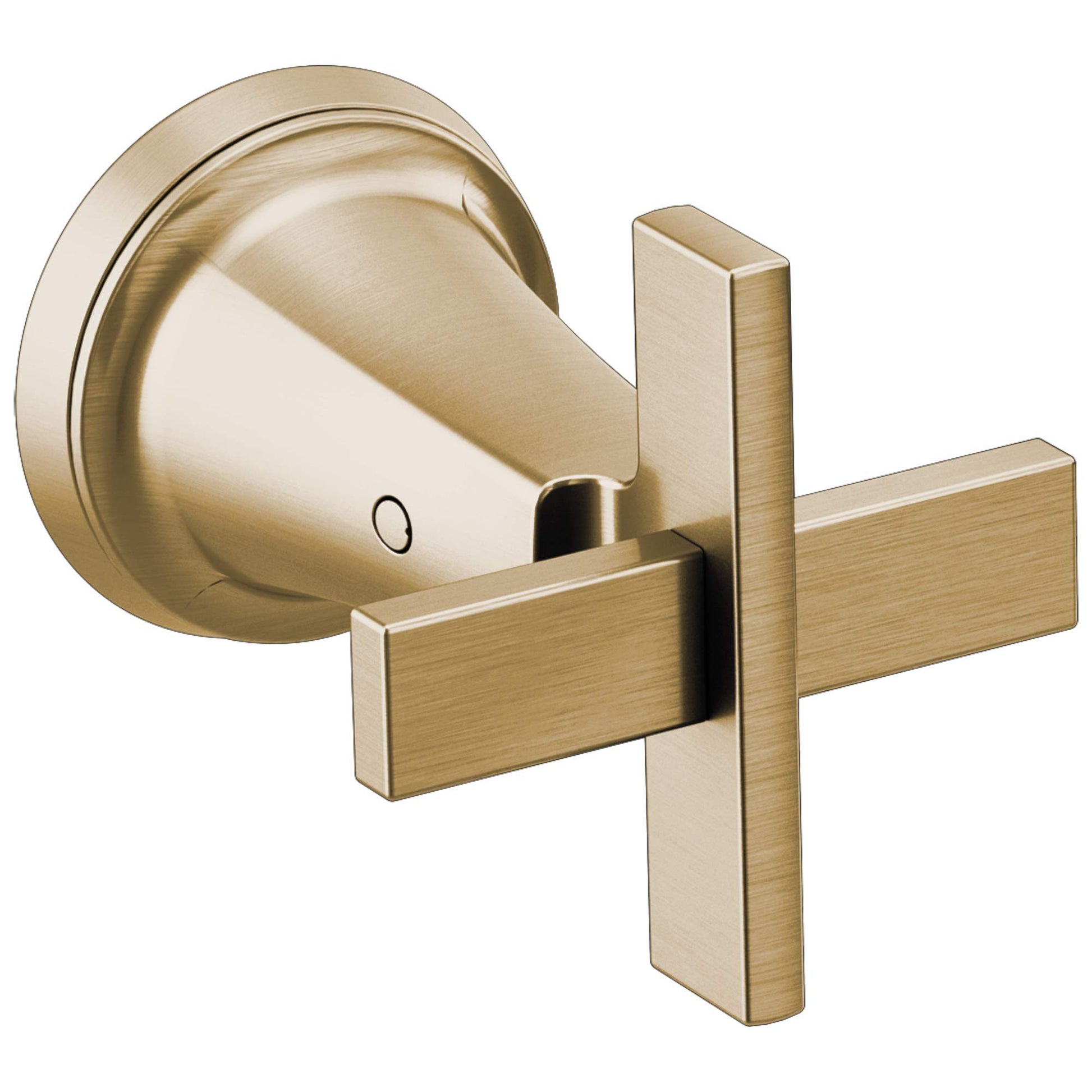 Brushed gold wall-mounted faucet handle kit with cross-shaped lever handles and circular mounting plate.