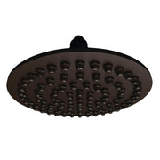 Oil rubbed bronze round shower head with multiple spray jets and ceiling mount connector.
