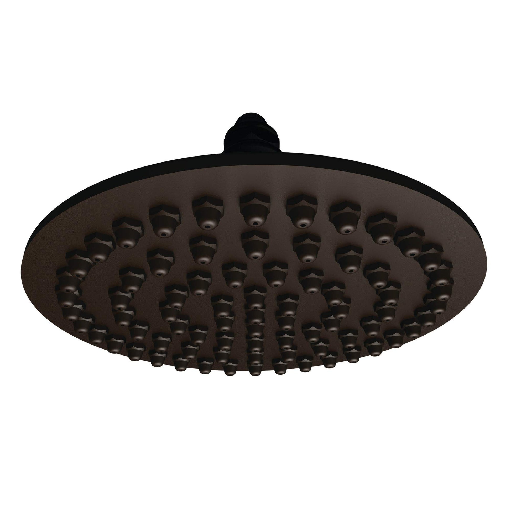 Oil rubbed bronze round shower head with multiple spray jets and ceiling mount connector.