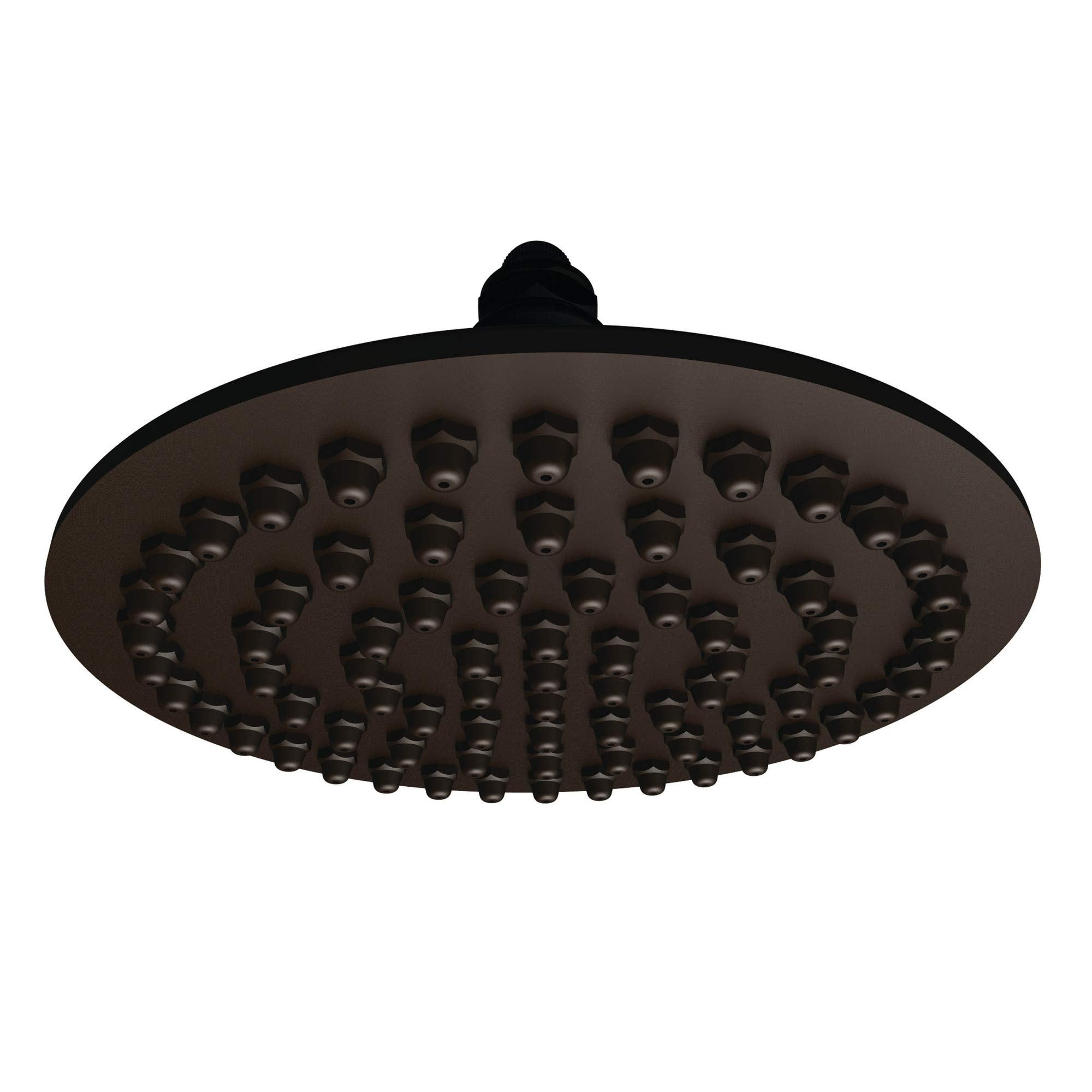 Oil rubbed bronze round shower head with multiple spray jets and ceiling mount connector.