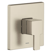 Brushed nickel single-handle shower trim with square backplate and lever handle in 90-degree design.
