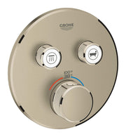 Brushed nickel round thermostatic valve trim with two upper control buttons for shower and tub functions and lower temperatur