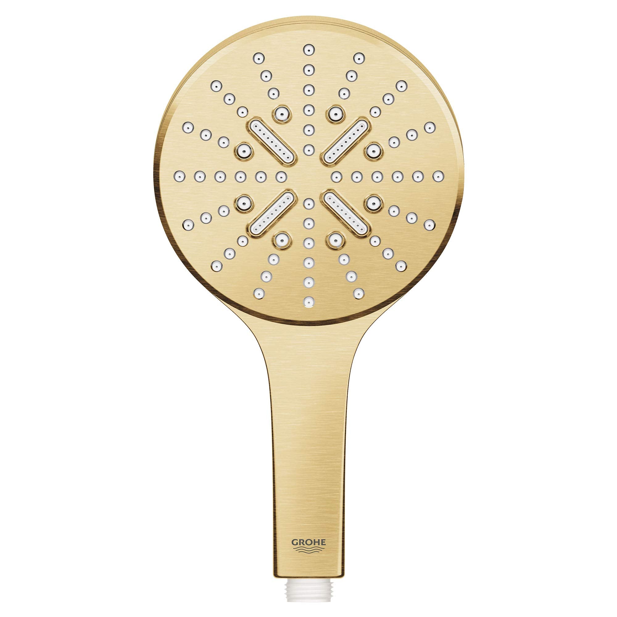 Grohe Rainshower hand shower with circular brushed gold face featuring multiple spray holes and rectangular spray nozzles.