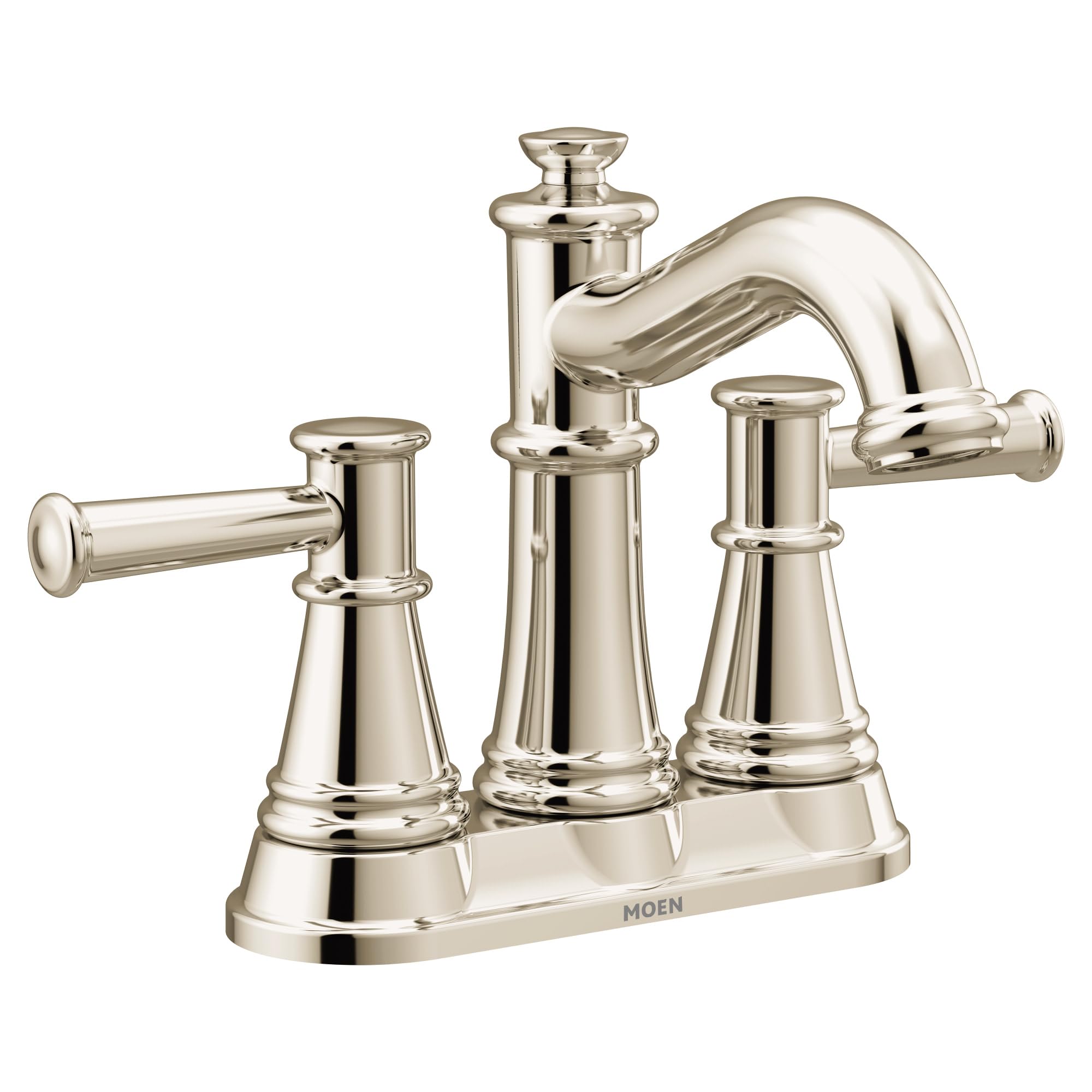 Polished nickel two-handle bathroom faucet with curved spout and tapered bases on shared platform.