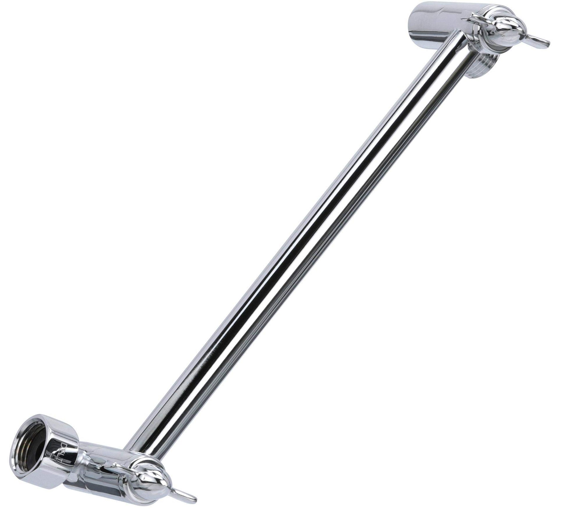 Chrome shower arm with angled connector at bottom and swivel ball joint at top for directional adjustment.