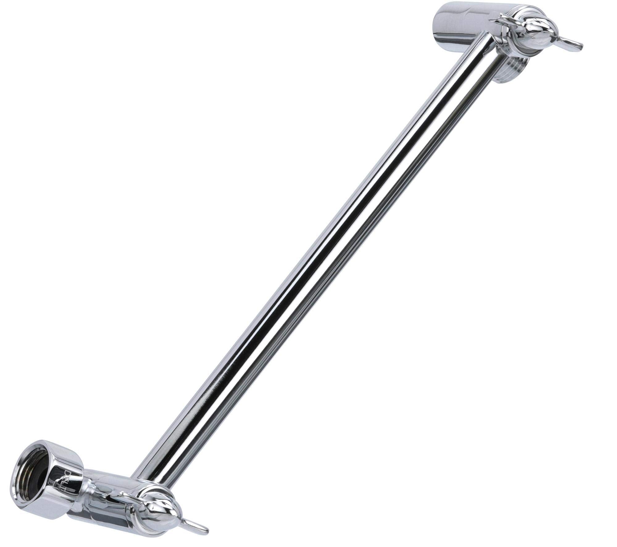 Chrome shower arm with angled connector at bottom and swivel ball joint at top for directional adjustment.