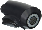 Black pull-down spray head assembly with white aerator ring and perforated mesh face.