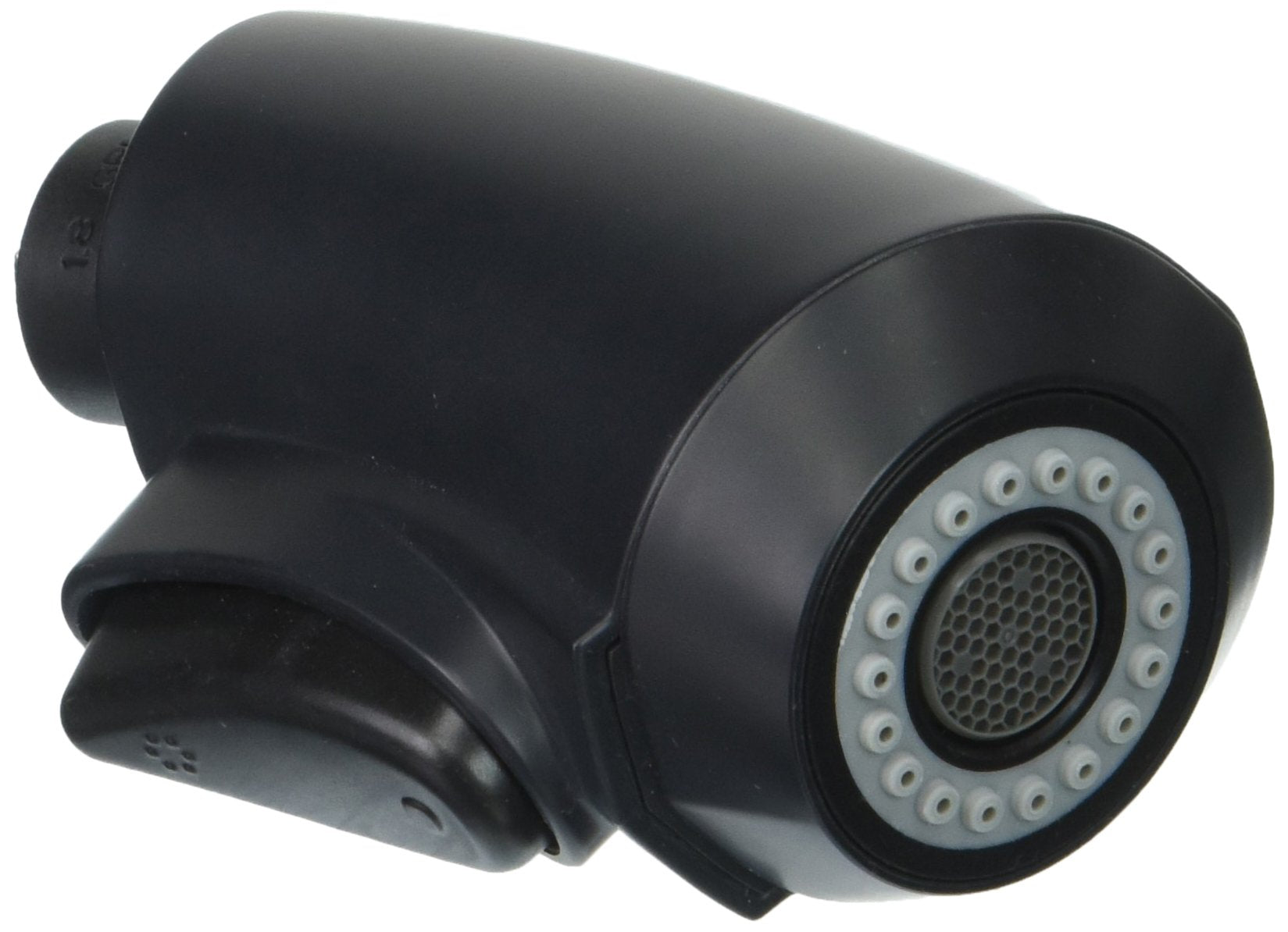 Black pull-down spray head assembly with white aerator ring and perforated mesh face.