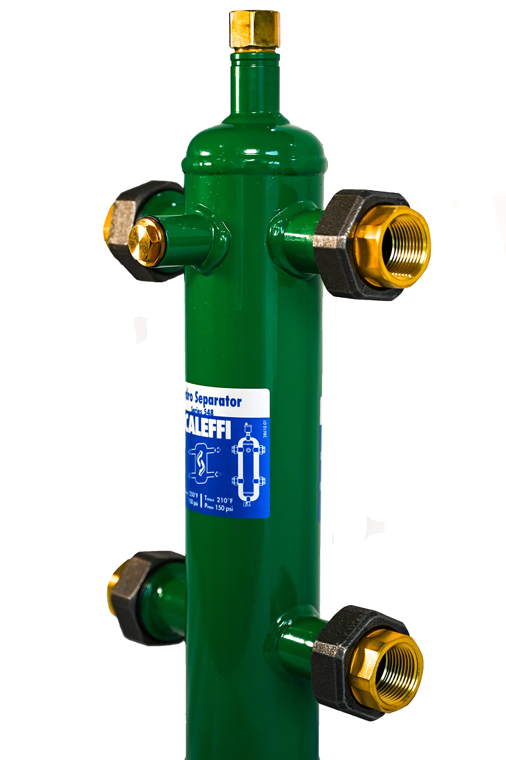 Green cylindrical hydroseparator with brass NPT union connections on all sides and blue Caleffi label.