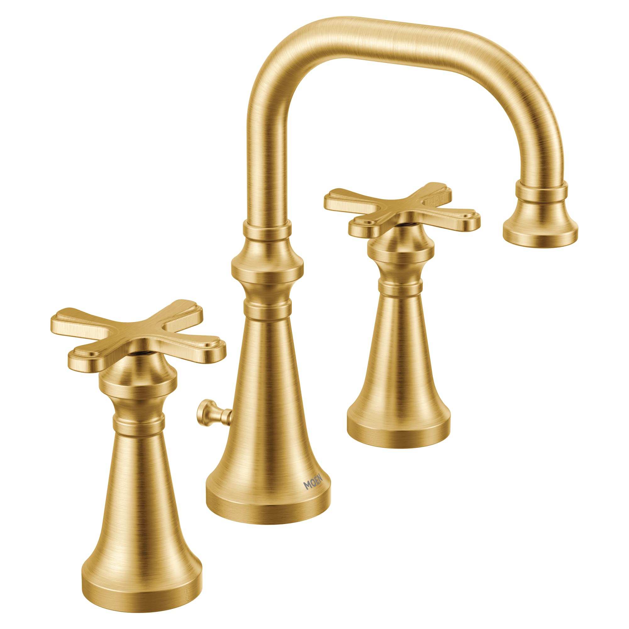 Brushed gold widespread bathroom faucet with high arc spout and cross handles on conical bases.