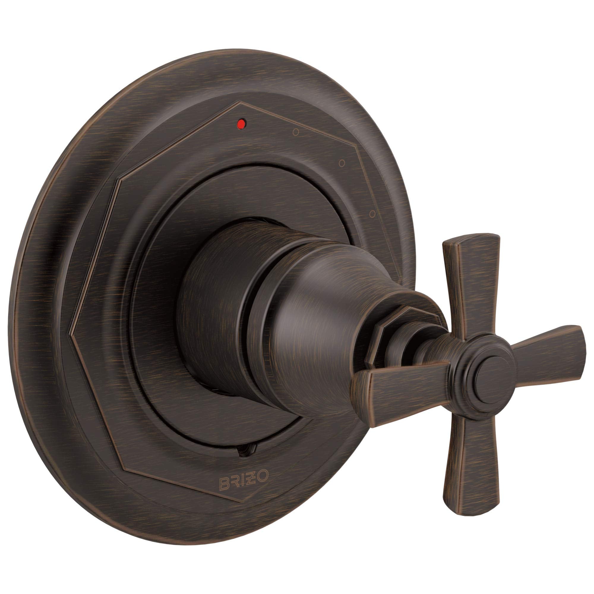 Brizo Rook pressure balance valve trim with cross handle in oil-rubbed bronze finish, shown from front angle.