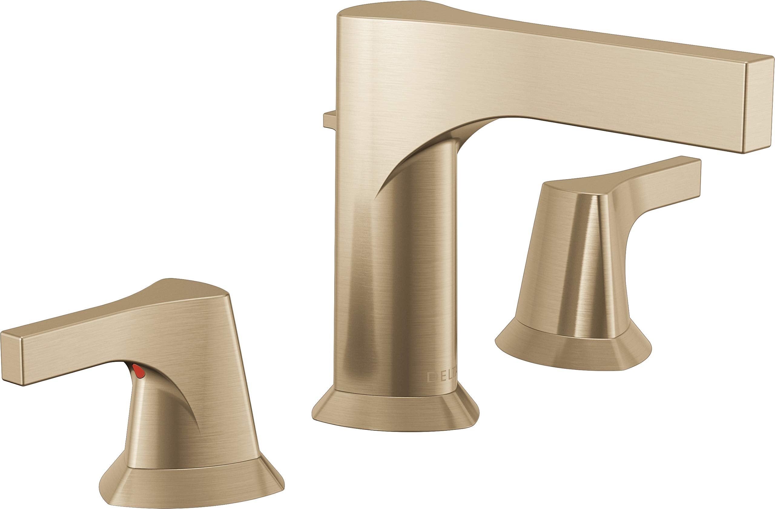 Champagne bronze widespread bathroom faucet with two handles and tapered spout.