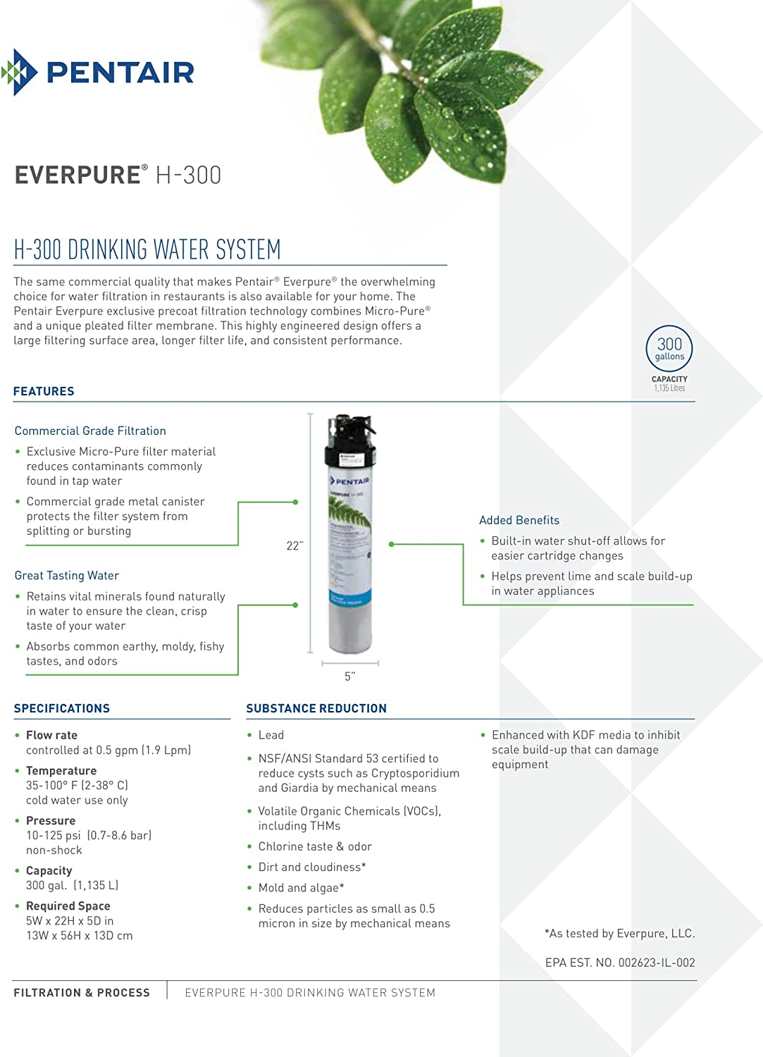 Four cylindrical white and blue Everpure H-300 water filter replacement cartridges with black top caps.