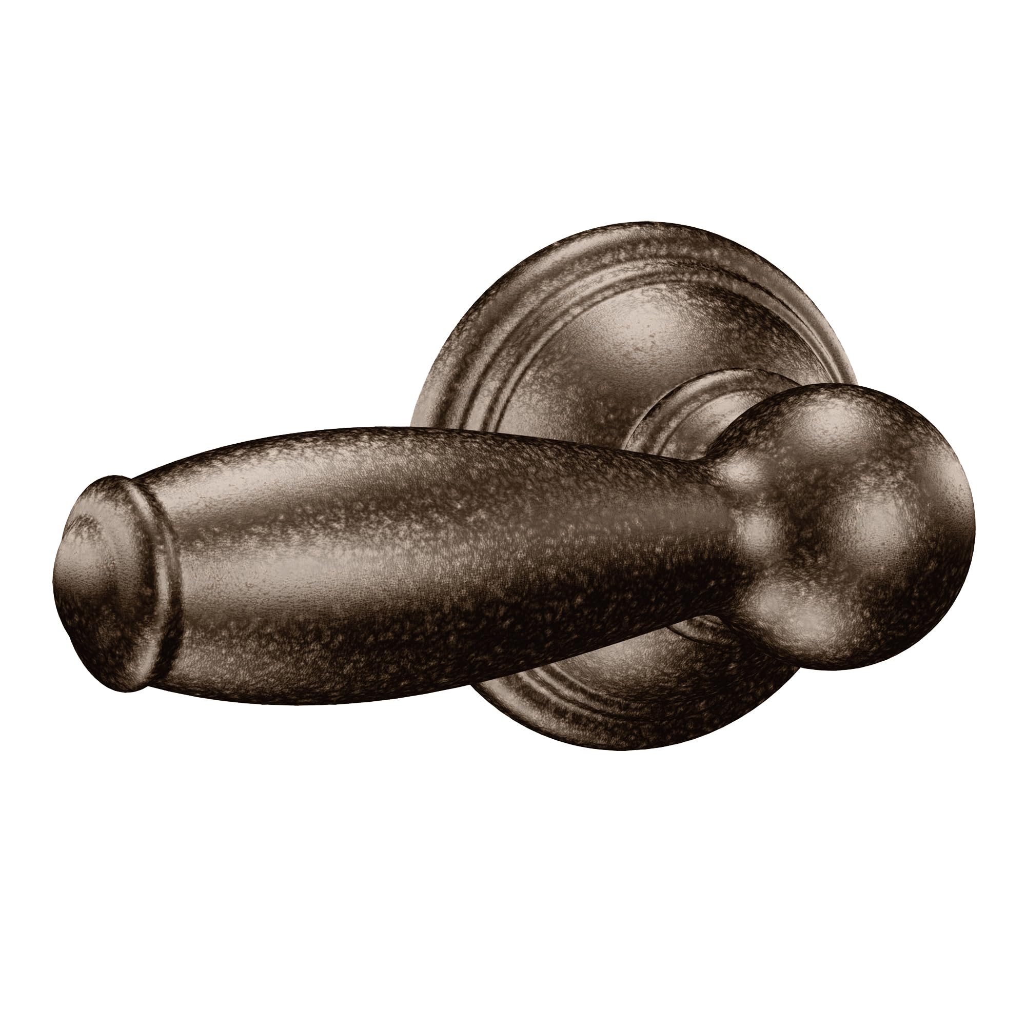 Oil-rubbed bronze toilet tank lever handle with cylindrical grip and decorative circular escutcheon plate.