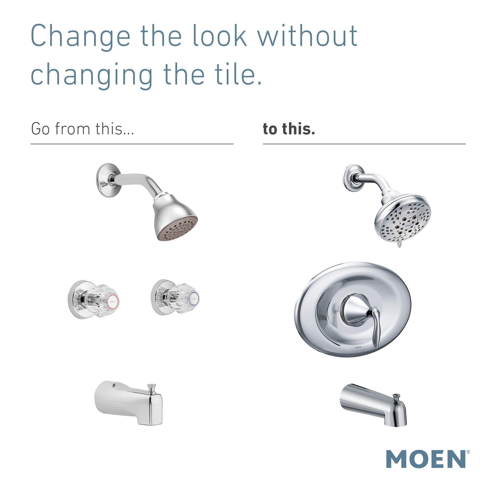 Chrome tub and shower trim kit with showerhead, valve trim, handles, and spout components.