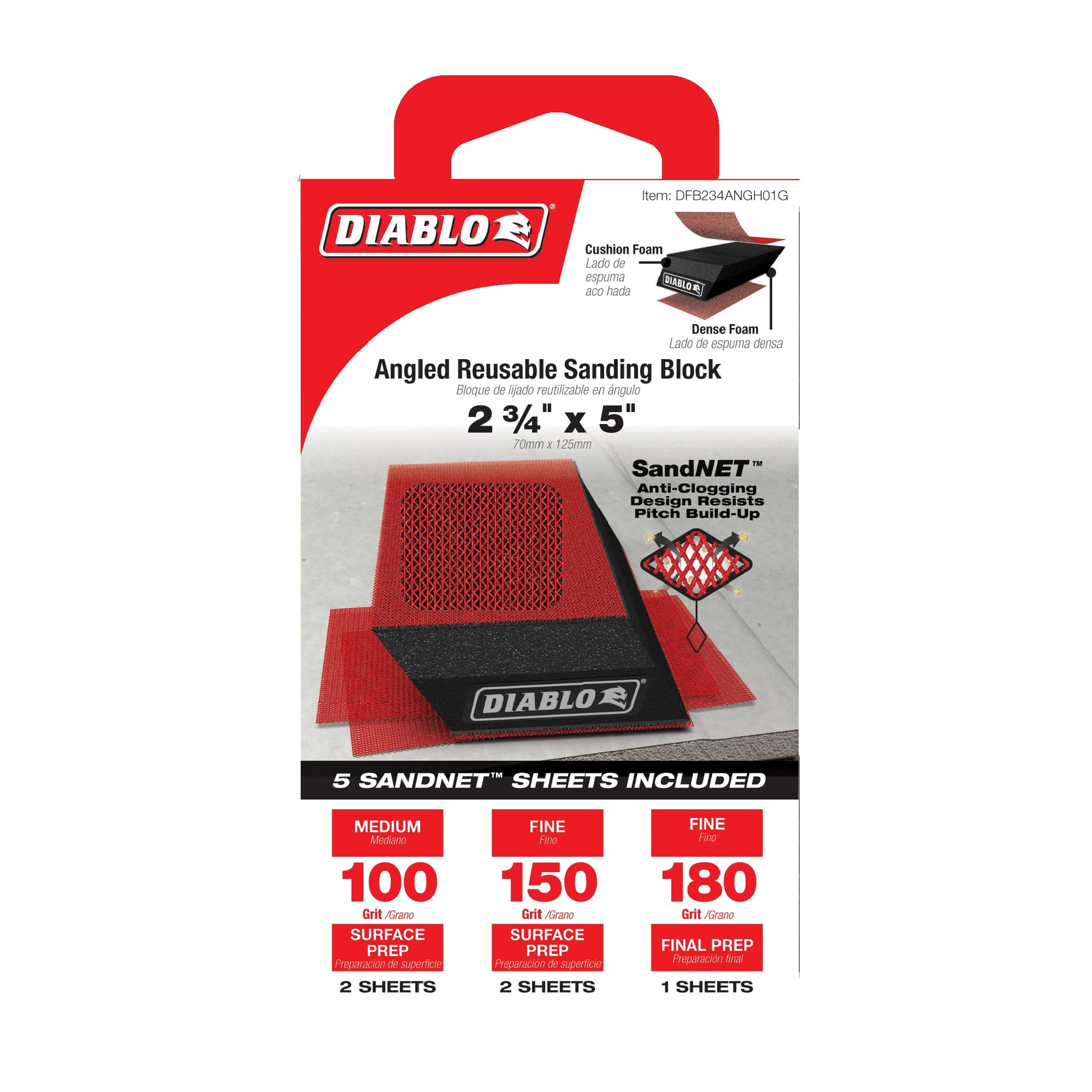 Red angled hand sanding block with black grip strip and five included SandNET abrasive sheets in various grits.